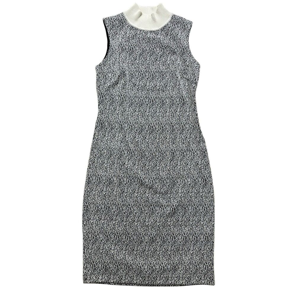 J McLaughlin Small Textured Knit Sheath Dress Mock Neck Black White Sleeveless